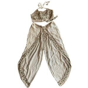 Magic vintage Boho Palazzo Pants Embroidered Beaded Side Slits w/ top one size